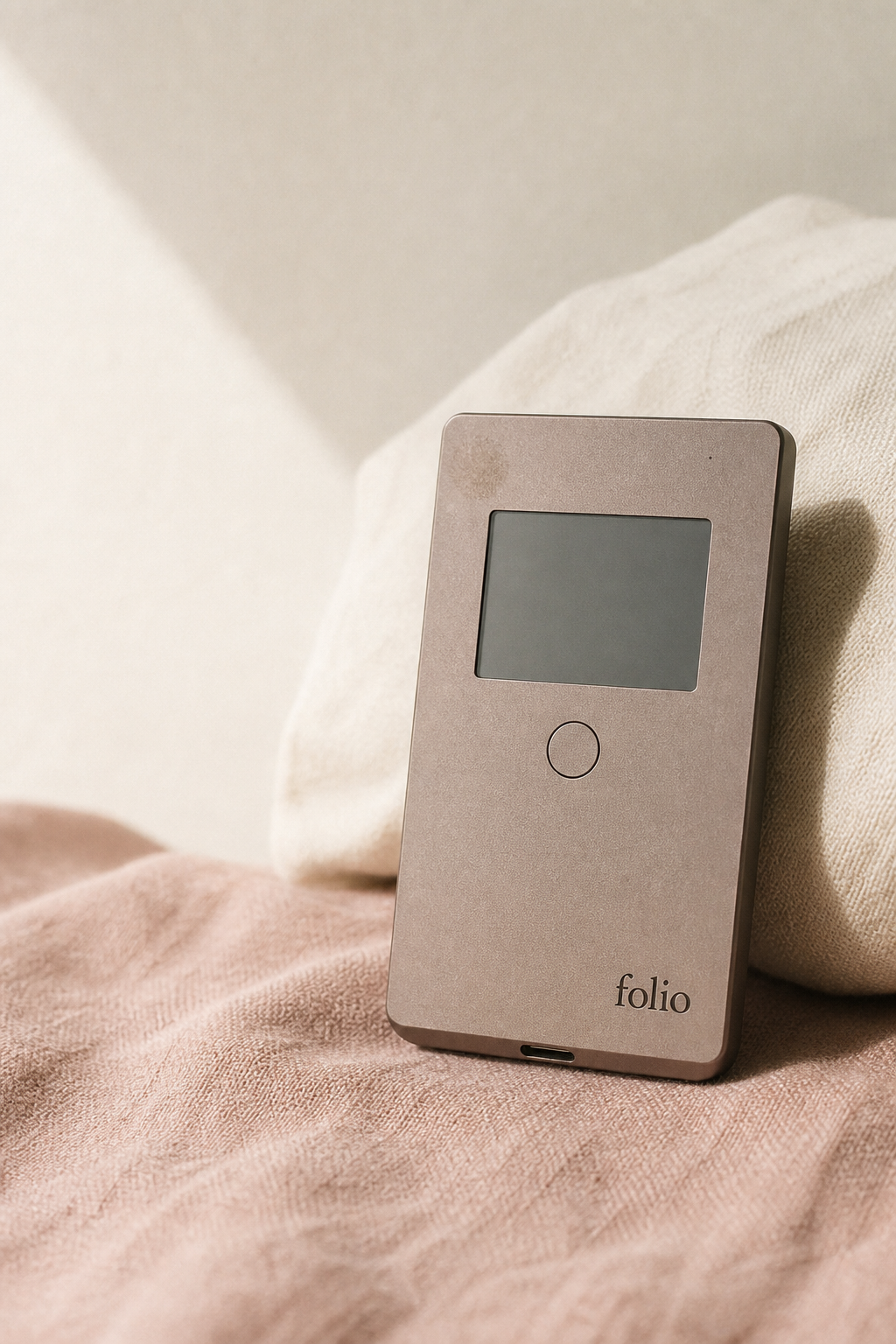 folio one standing on dusty-rose linen