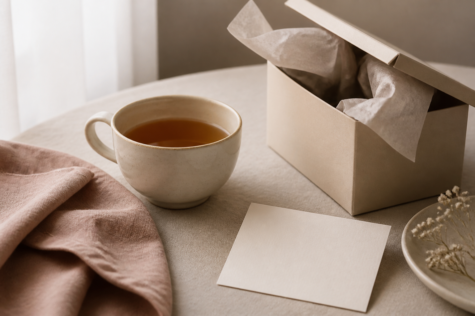 Tea, linen, gift box and a blank welcome card