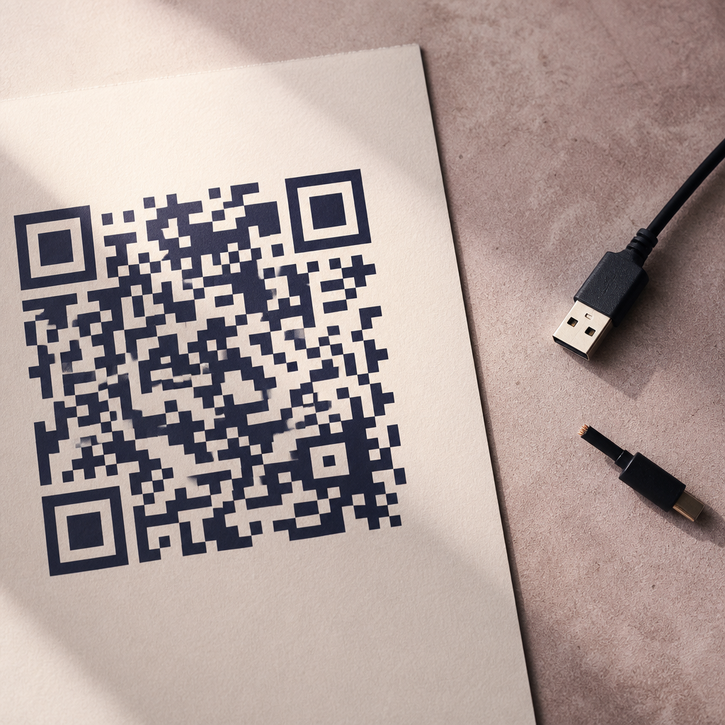 Printed QR on cream paper beside a cut USB cable