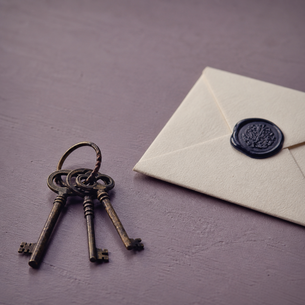 Antique brass keys and a wax-sealed cream envelope