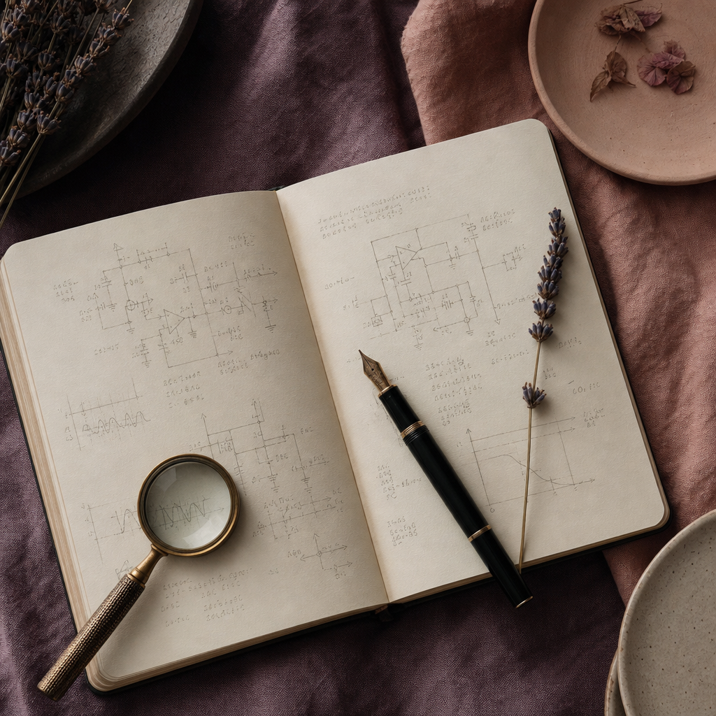 Open notebook with faint circuit sketches, fountain pen and magnifying glass