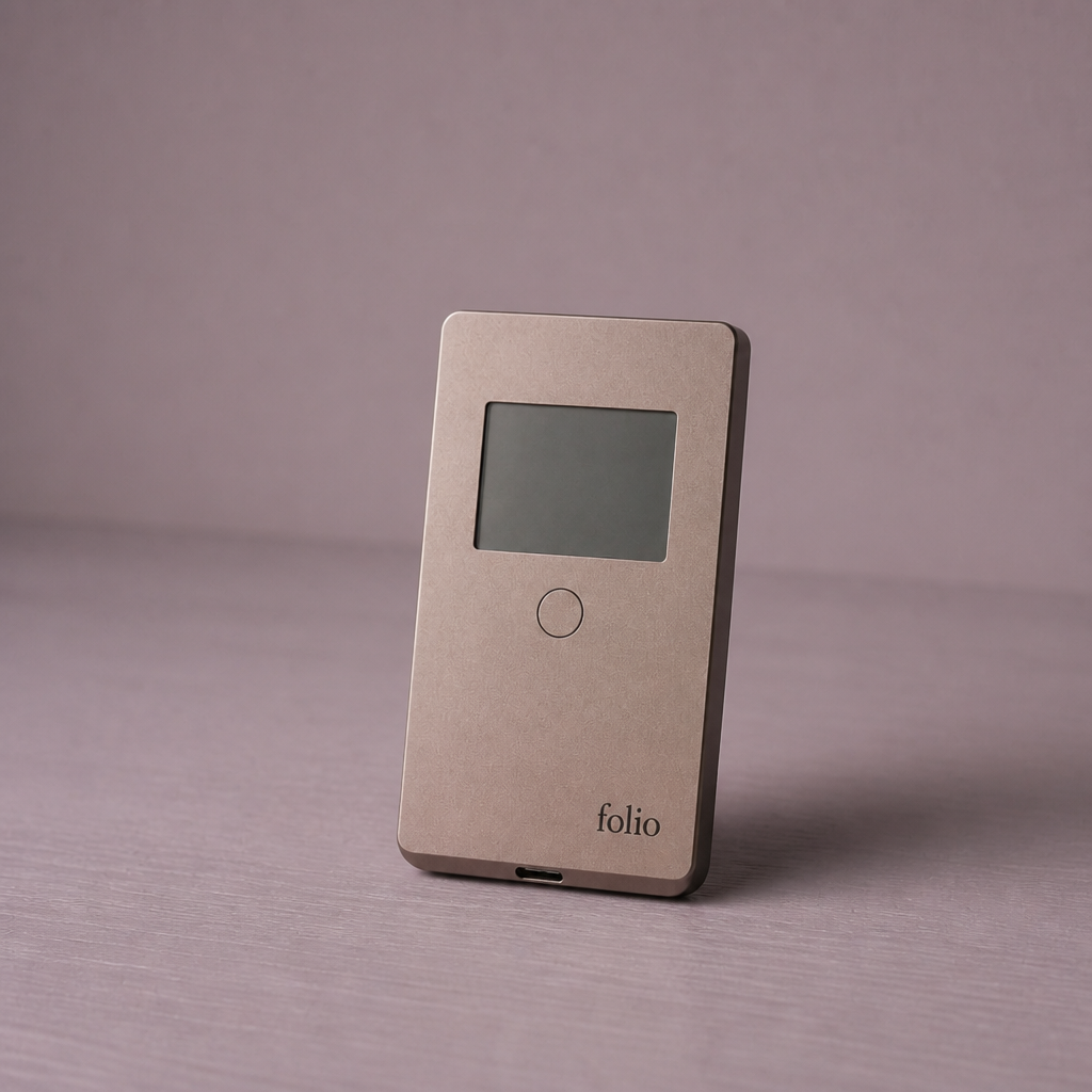 folio one standing on a mauve surface